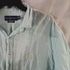 Ralph Lauren Blue 100% Linen Short Sleeve Button Up Shirt Mens Size Large